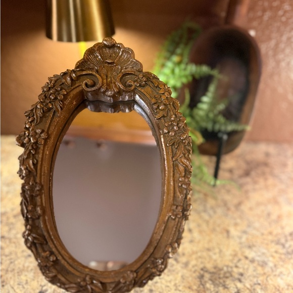 Vintage Gold Baroque Resin Floral Pattern Standing Table Mirror 14 Inches Tall - Picture 11 of 11